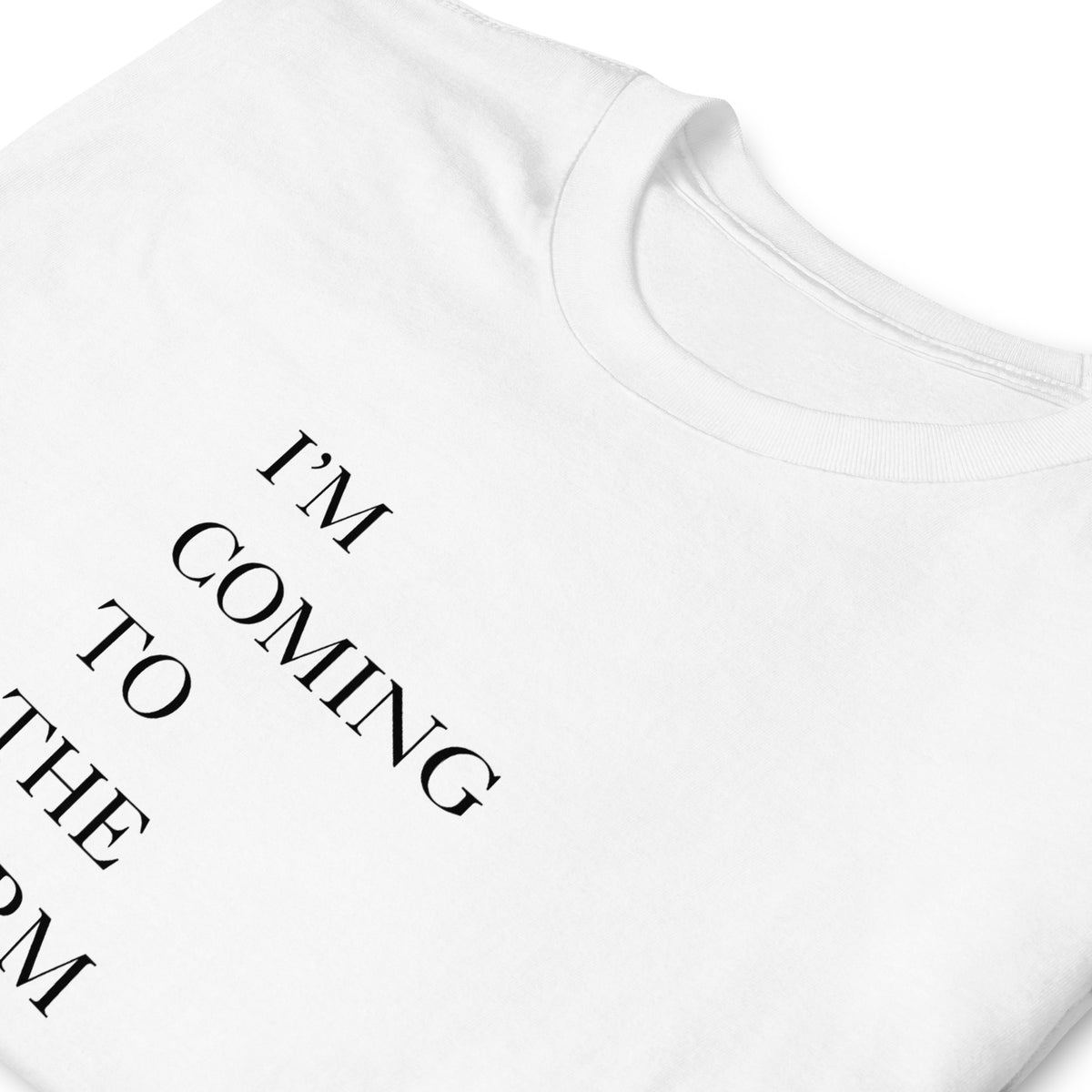 I'M COMING TO THE (fruity) FARM t-shirt in white, close-up view